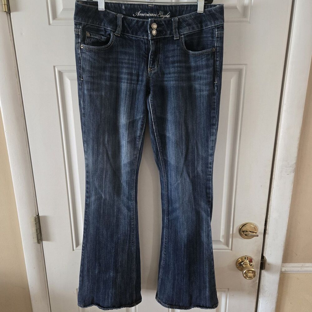 American Eagle Artist Flare Jeans Womens 8 Blue Low Rise Stretch Dark Wash Y2K